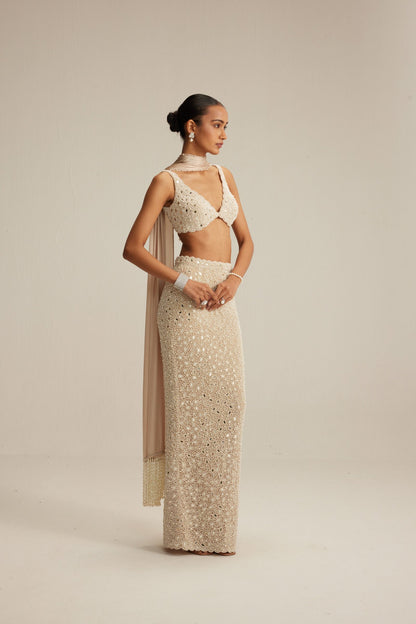 Light Beige Dense Pearl and Mirror Pencil Skirt with V Neck Blouse