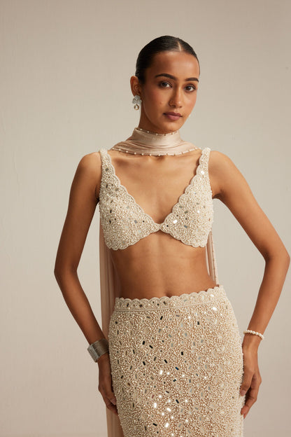 Light Beige Dense Pearl and Mirror Pencil Skirt with V Neck Blouse