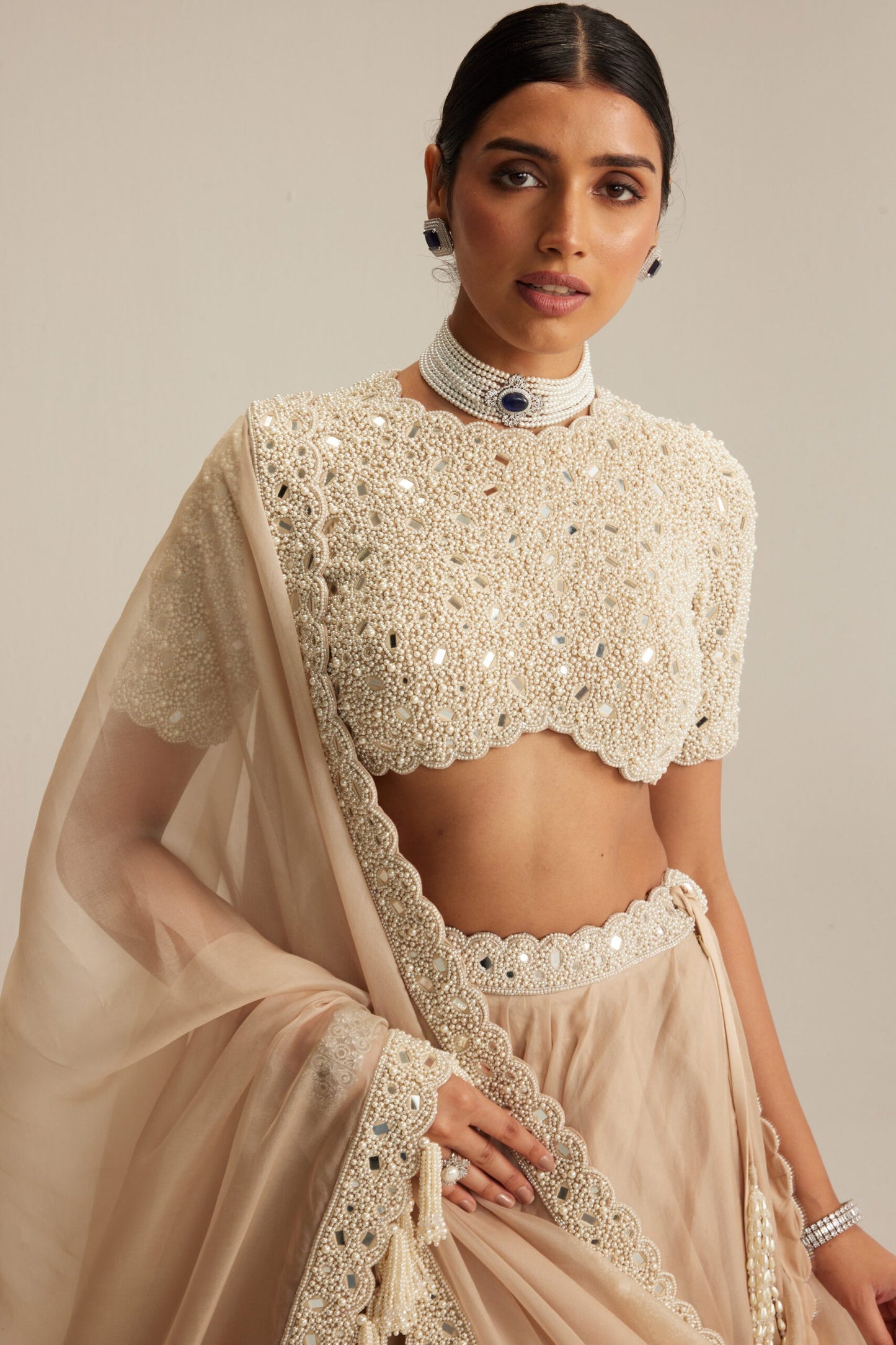 Light Beige Organza Lehenga Set with High Neck Blouse
