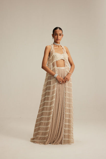 Light Beige Linear Pearl Drop Jacket Skirt Set