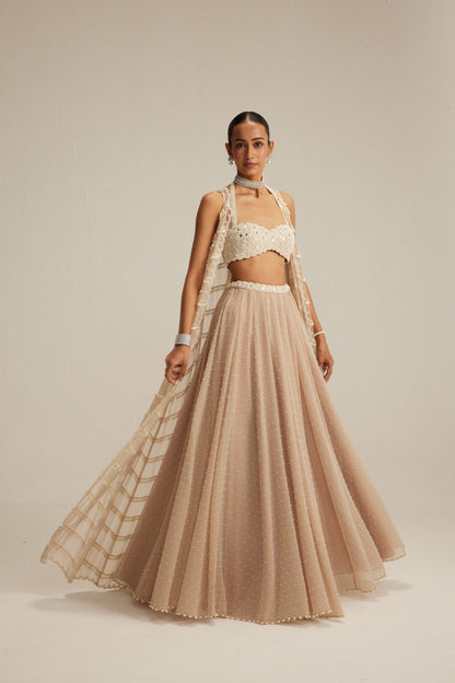 Light Beige Linear Pearl Drop Jacket Skirt Set