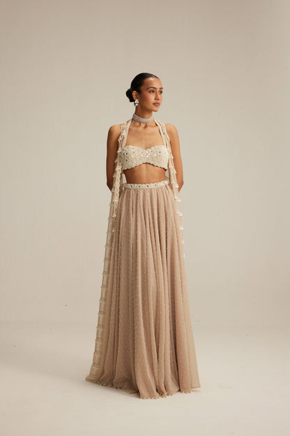 Light Beige Linear Pearl Drop Jacket Skirt Set