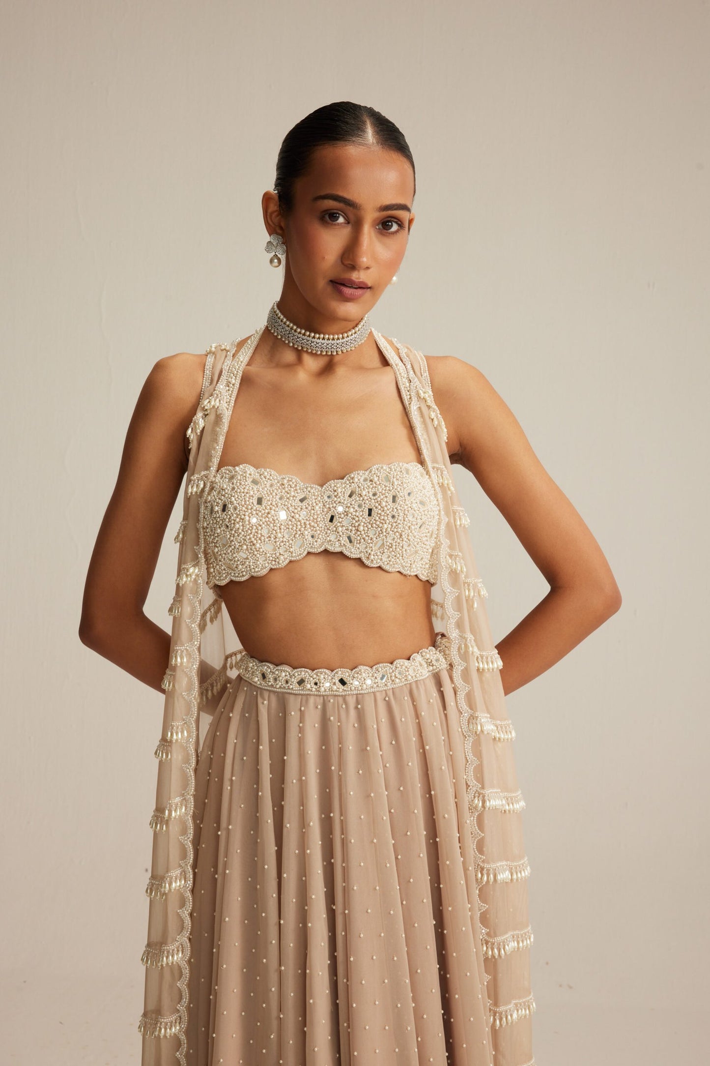 Light Beige Linear Pearl Drop Jacket Skirt Set