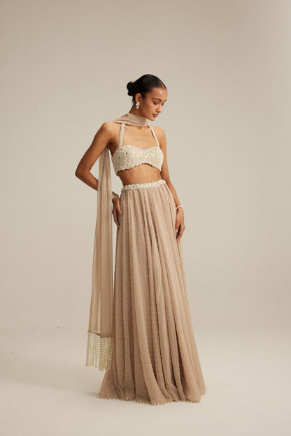 Light Beige Pearl Scattered Skirt with Halter neck Blouse