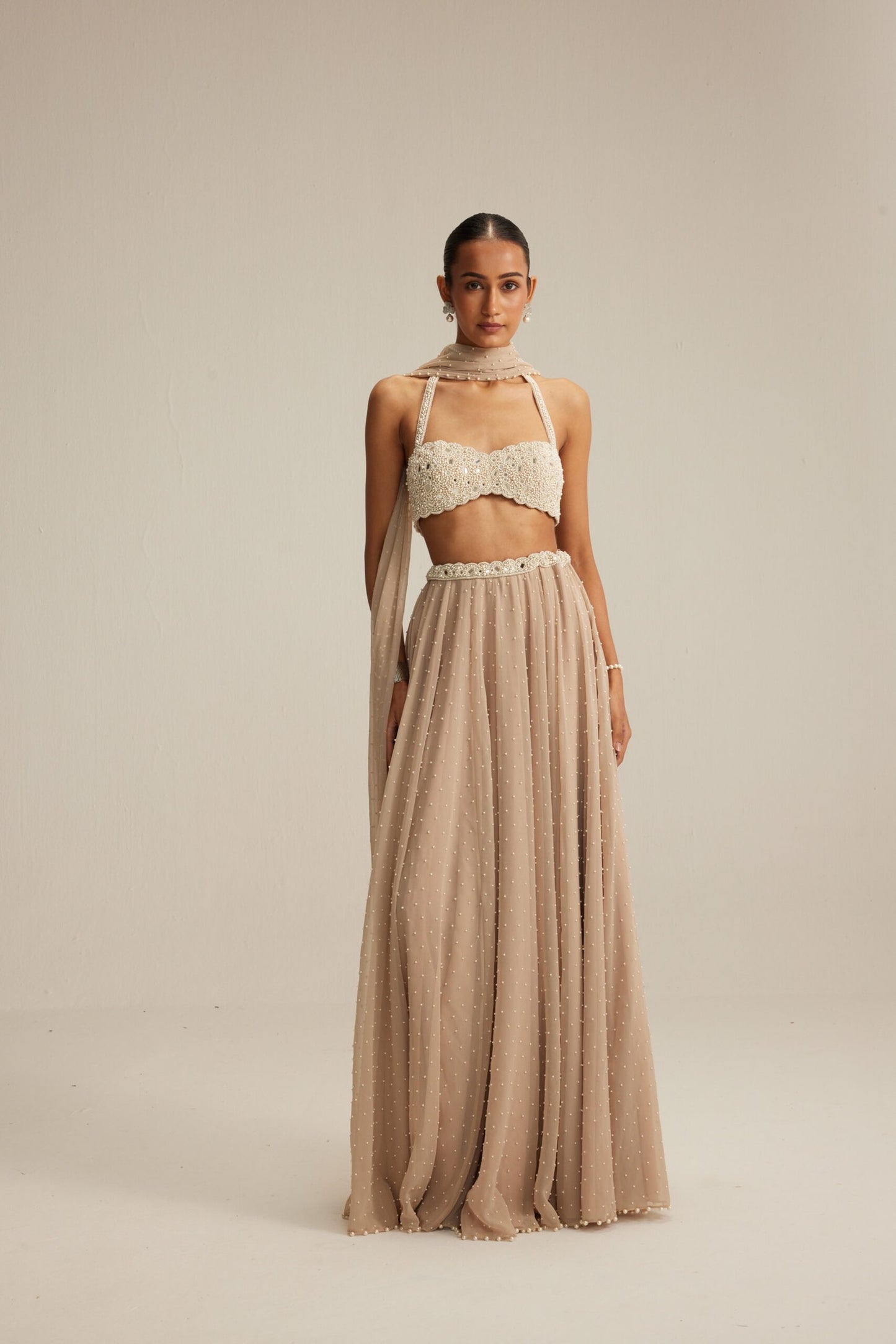 Light Beige Pearl Scattered Skirt with Halter neck Blouse