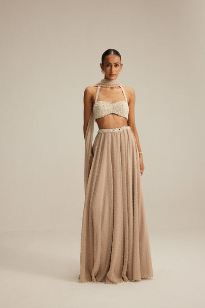 Light Beige Pearl Scattered Skirt with Halter neck Blouse