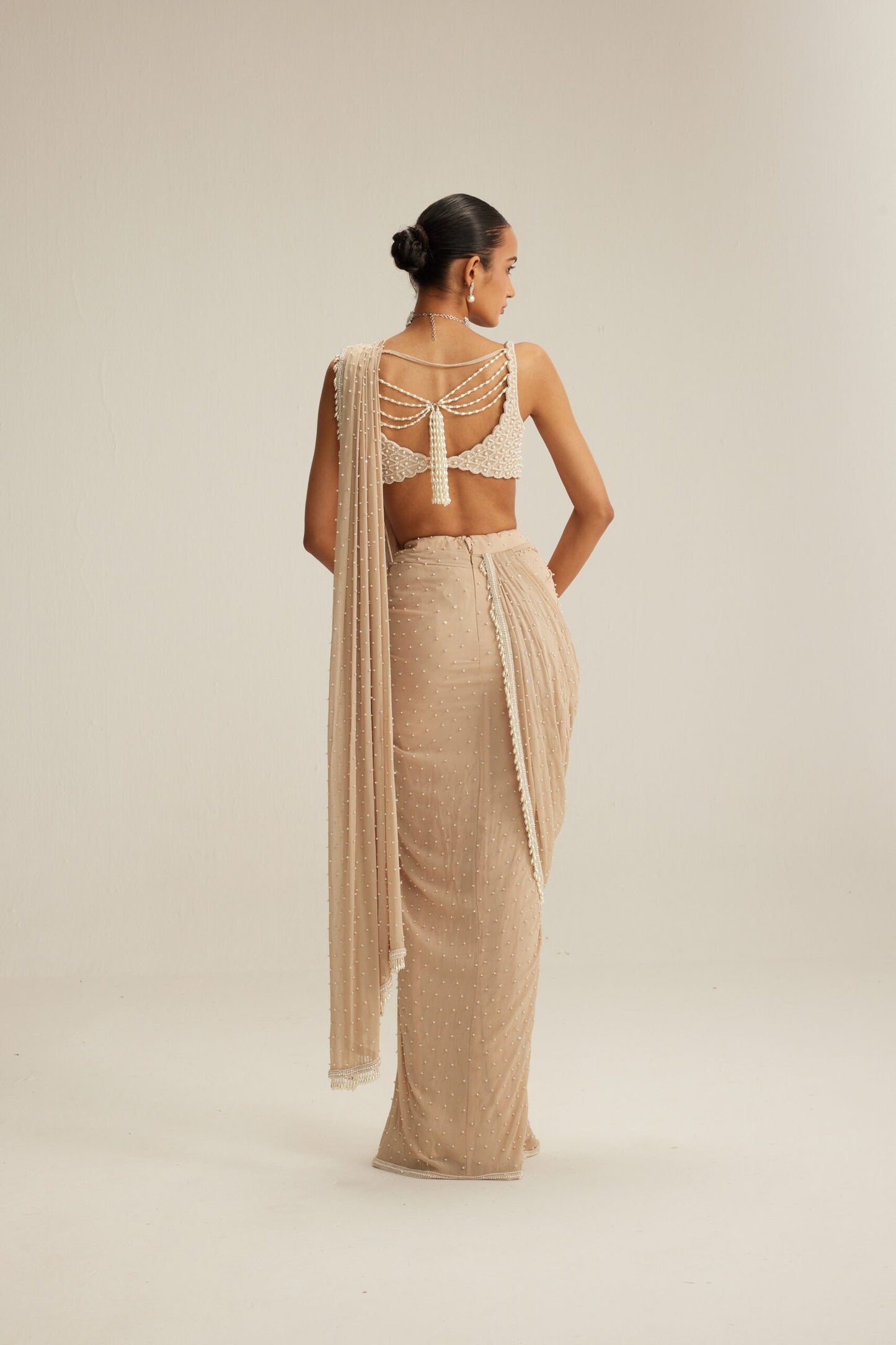 Light Beige Scattered Pearls draped saree set