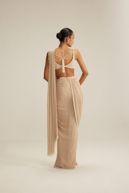 Light Beige Scattered Pearls draped saree set