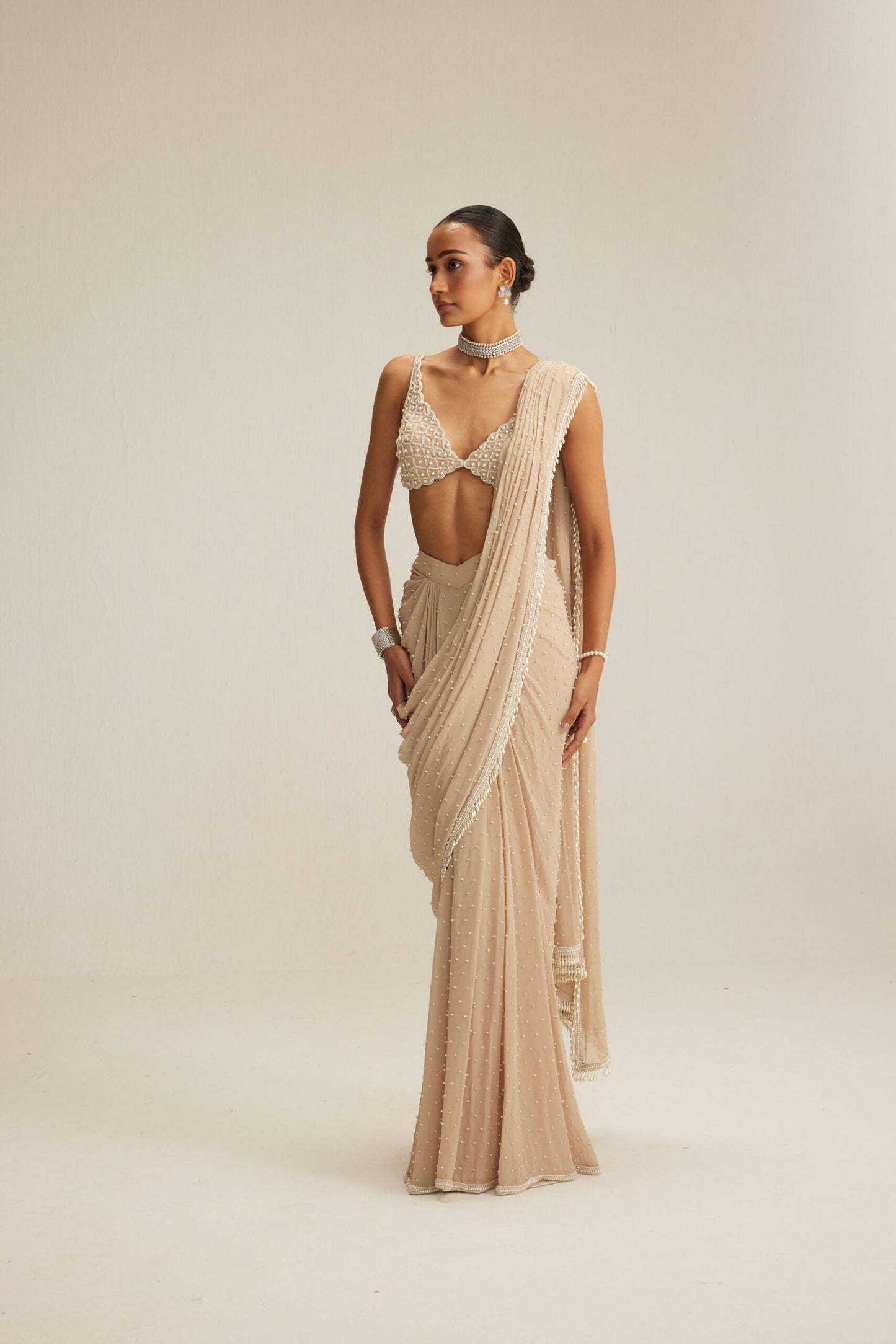 Light Beige Scattered Pearls draped saree set