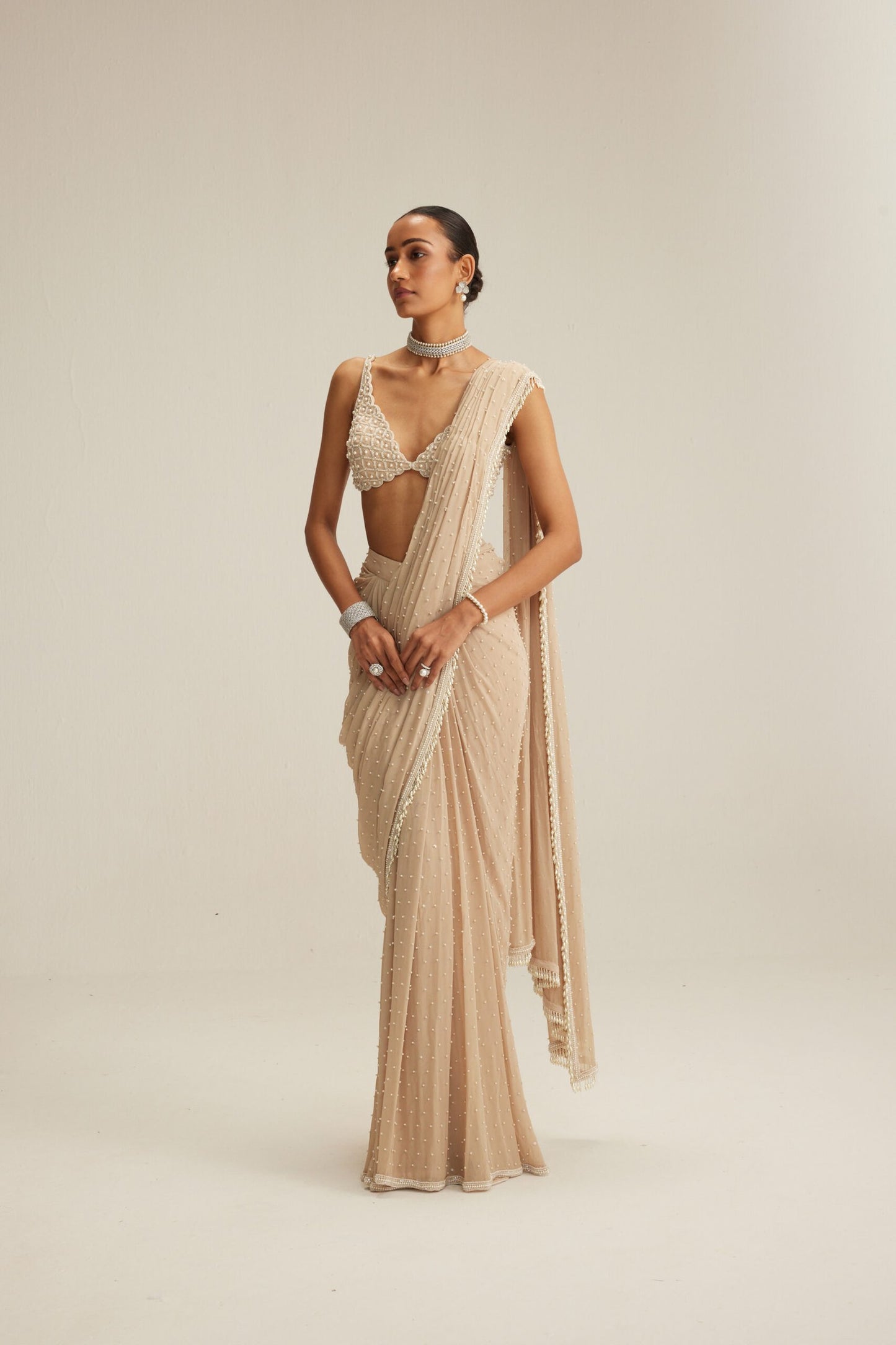 Light Beige Scattered Pearls draped saree set