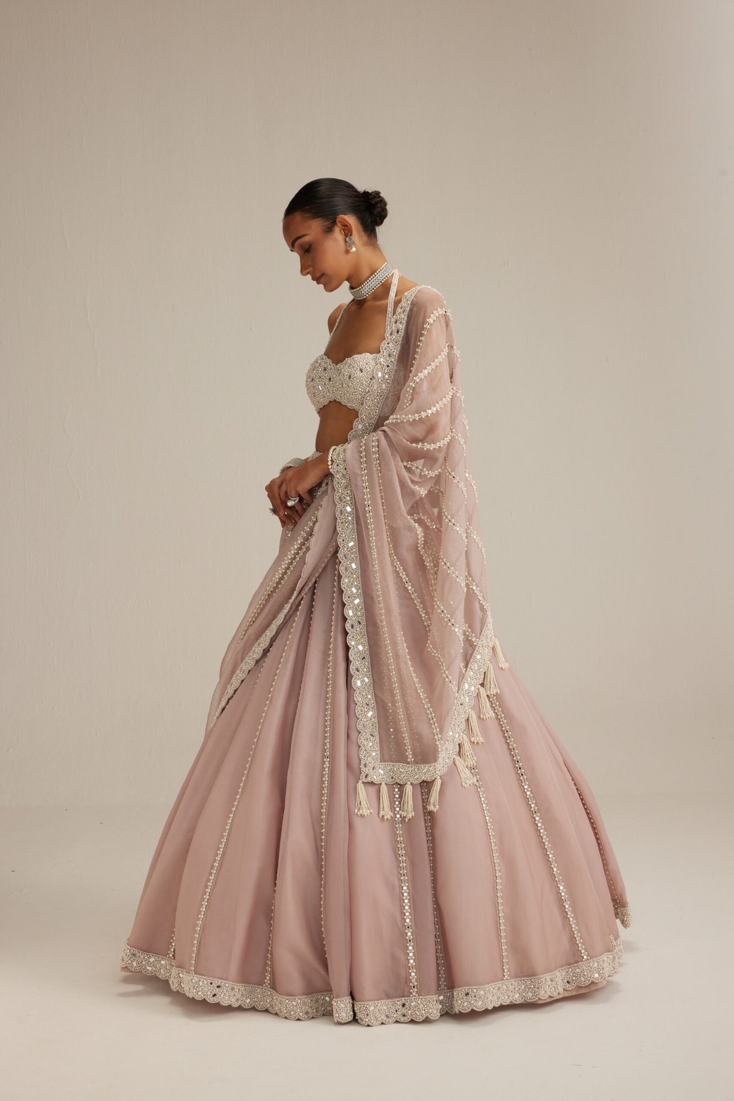 Ash Pink linear embroidered Organza Lehenga Set