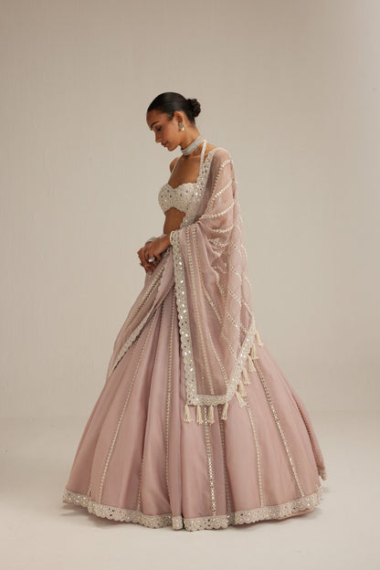 Ash Pink linear embroidered Organza Lehenga Set