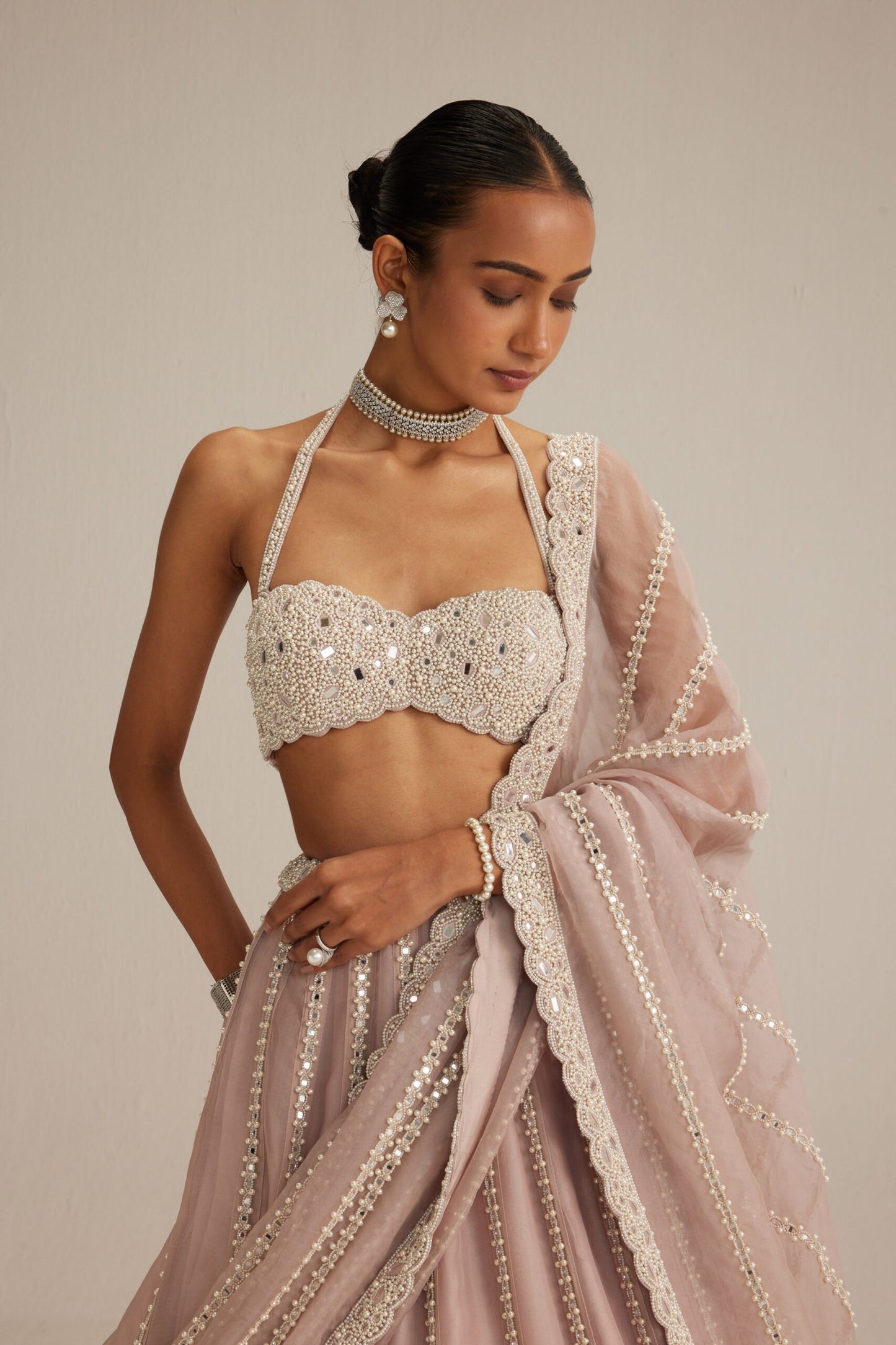 Ash Pink linear embroidered Organza Lehenga Set