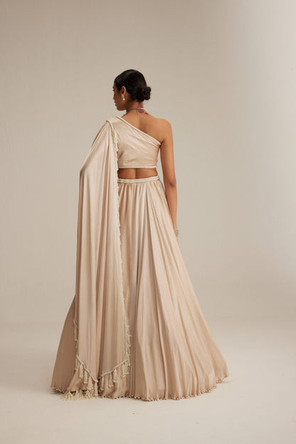 Light Beige One Shoulder Satin Lehenga Set