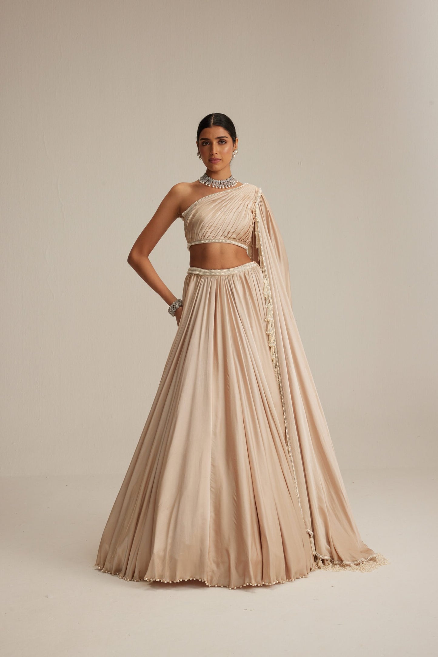 Light Beige One Shoulder Satin Lehenga Set