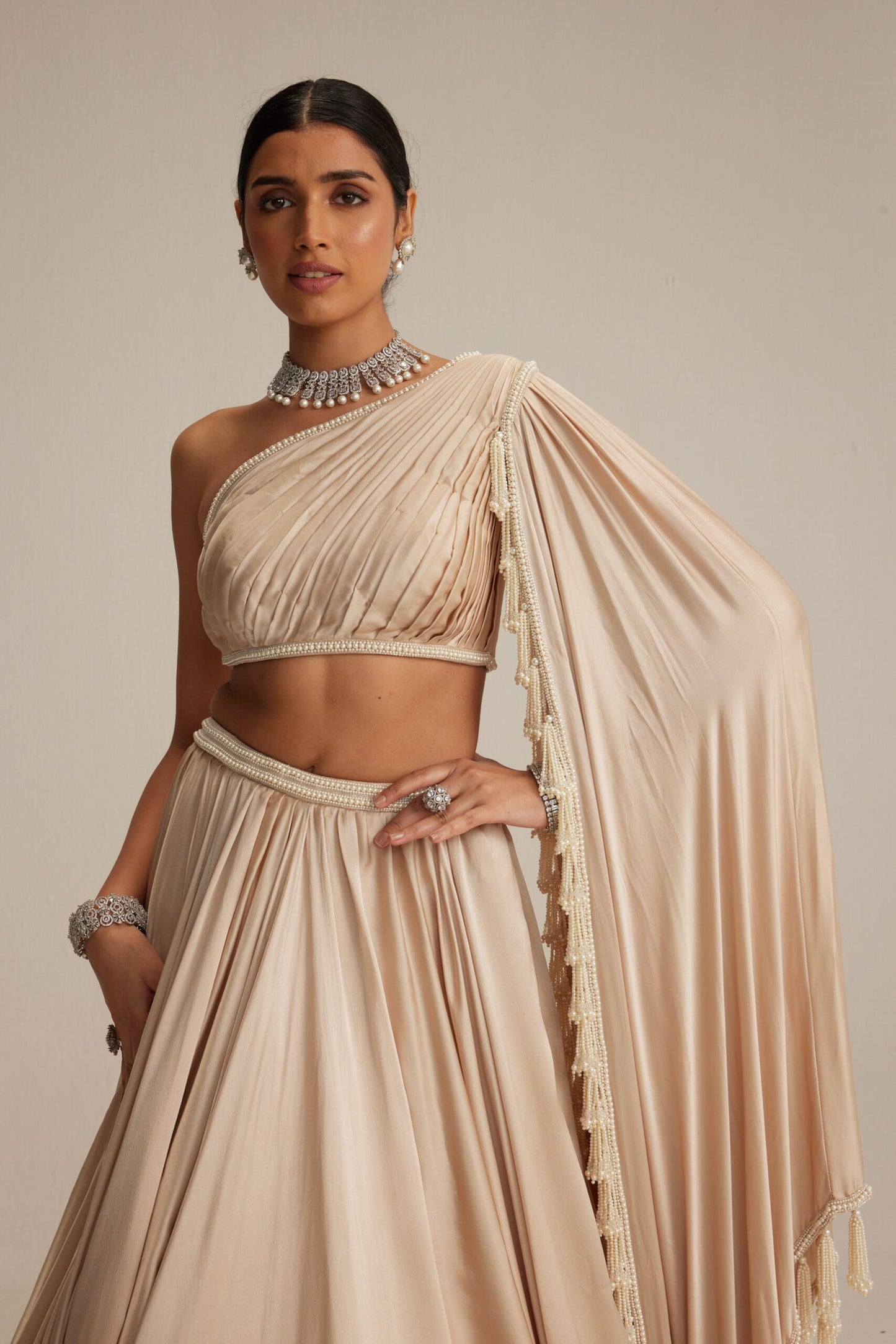 Light Beige One Shoulder Satin Lehenga Set