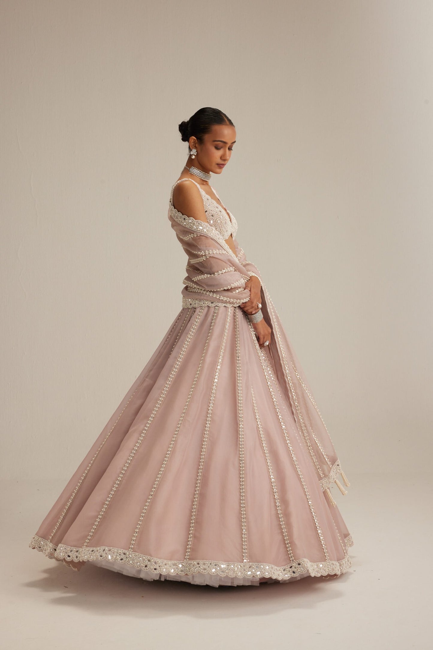 Ash Pink Pearl &amp; Mirror linear Lehenga with V neck Blouse