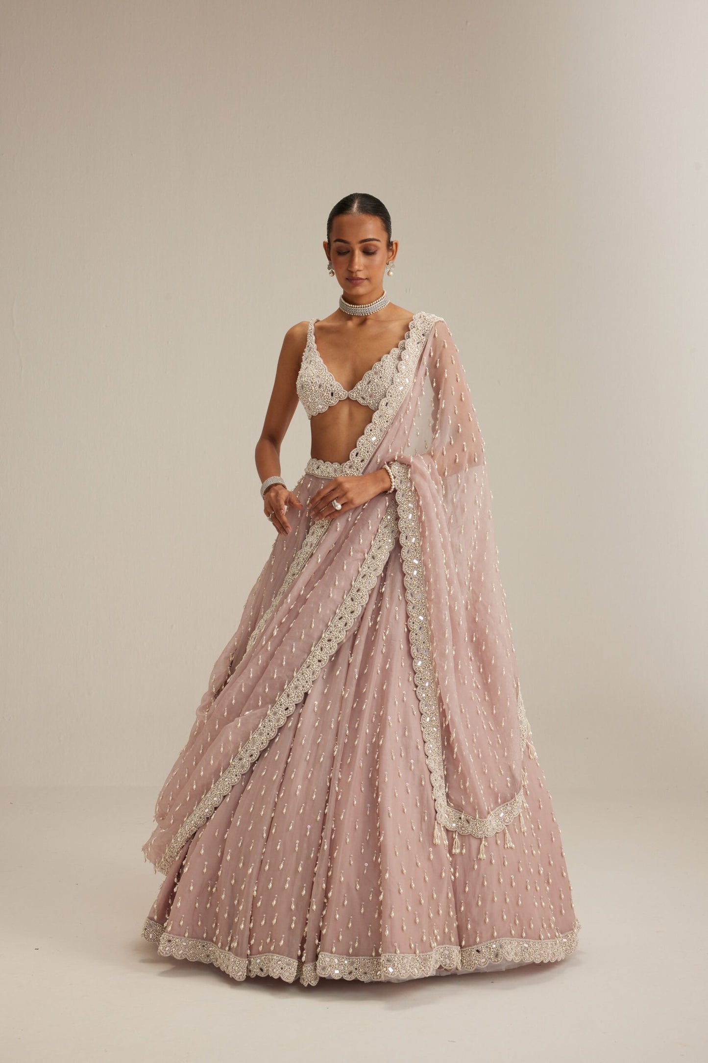 Ash Pink Pearl Drop Organza Lehenga Set