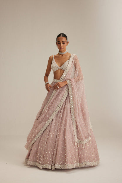 Ash Pink Pearl Drop Organza Lehenga Set