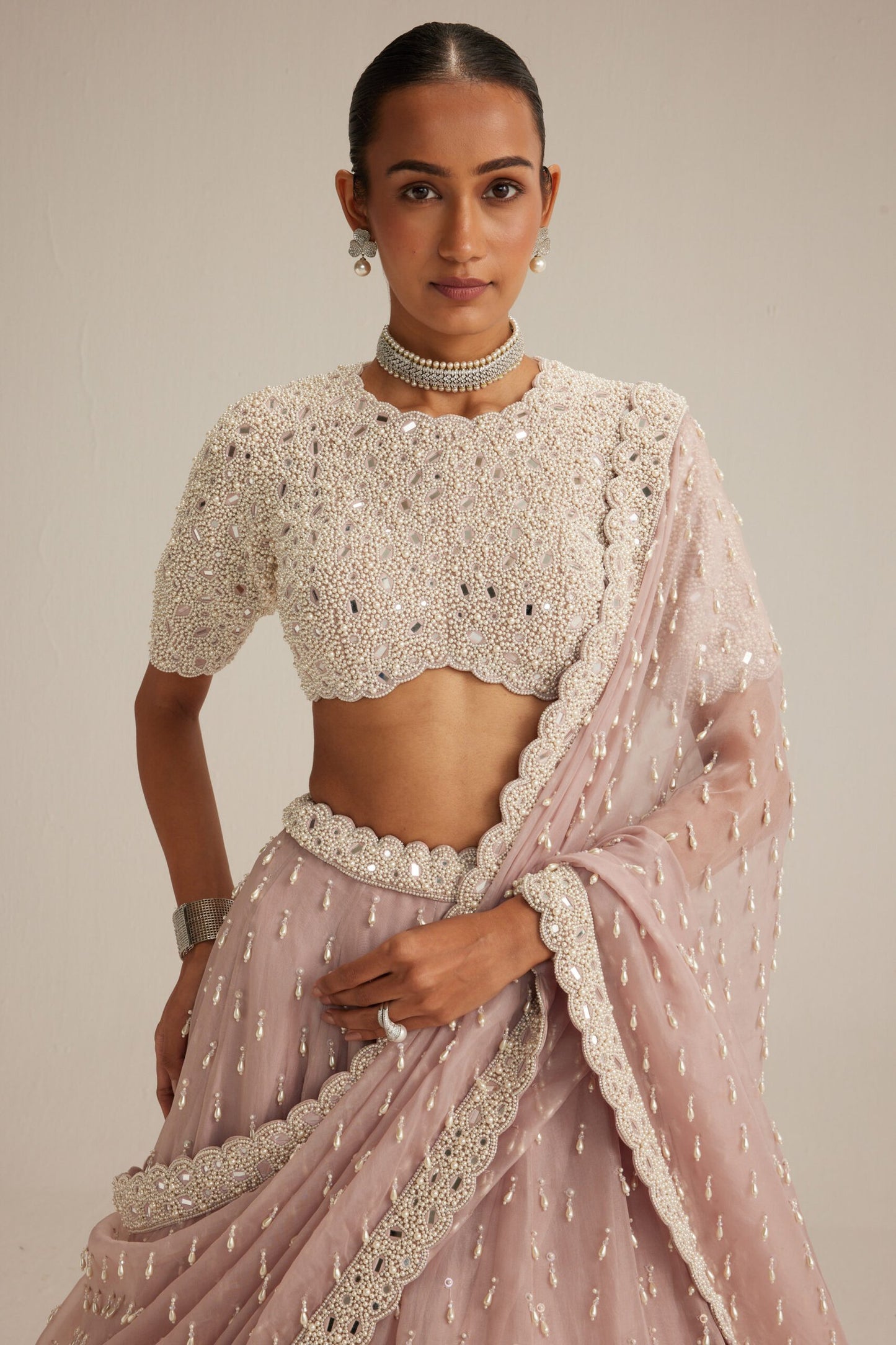 Ash Pink Pearl Drop Lehenga with high neck blouse