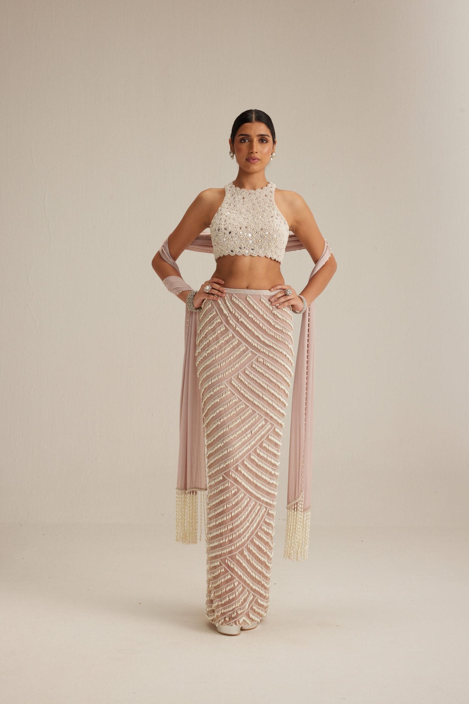 Ash Pink Pearl Drop Pencil Skirt Set