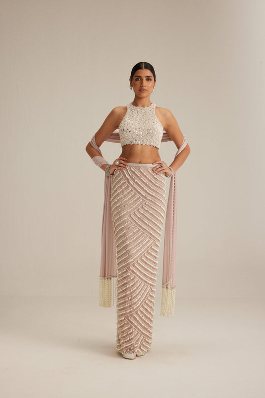 Ash Pink Pearl Drop Pencil Skirt Set