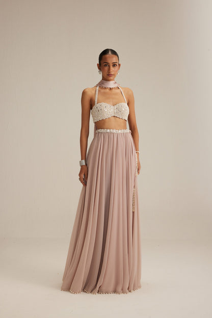 Ash Pink Georgette Skirt with Halter neck Blouse and stole