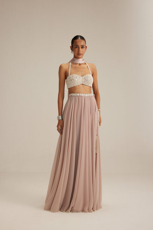 Ash Pink Georgette Skirt with Halter neck Blouse and stole