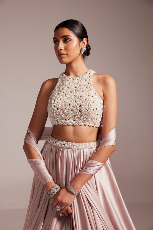 Ash Pink Satin skirt Set
