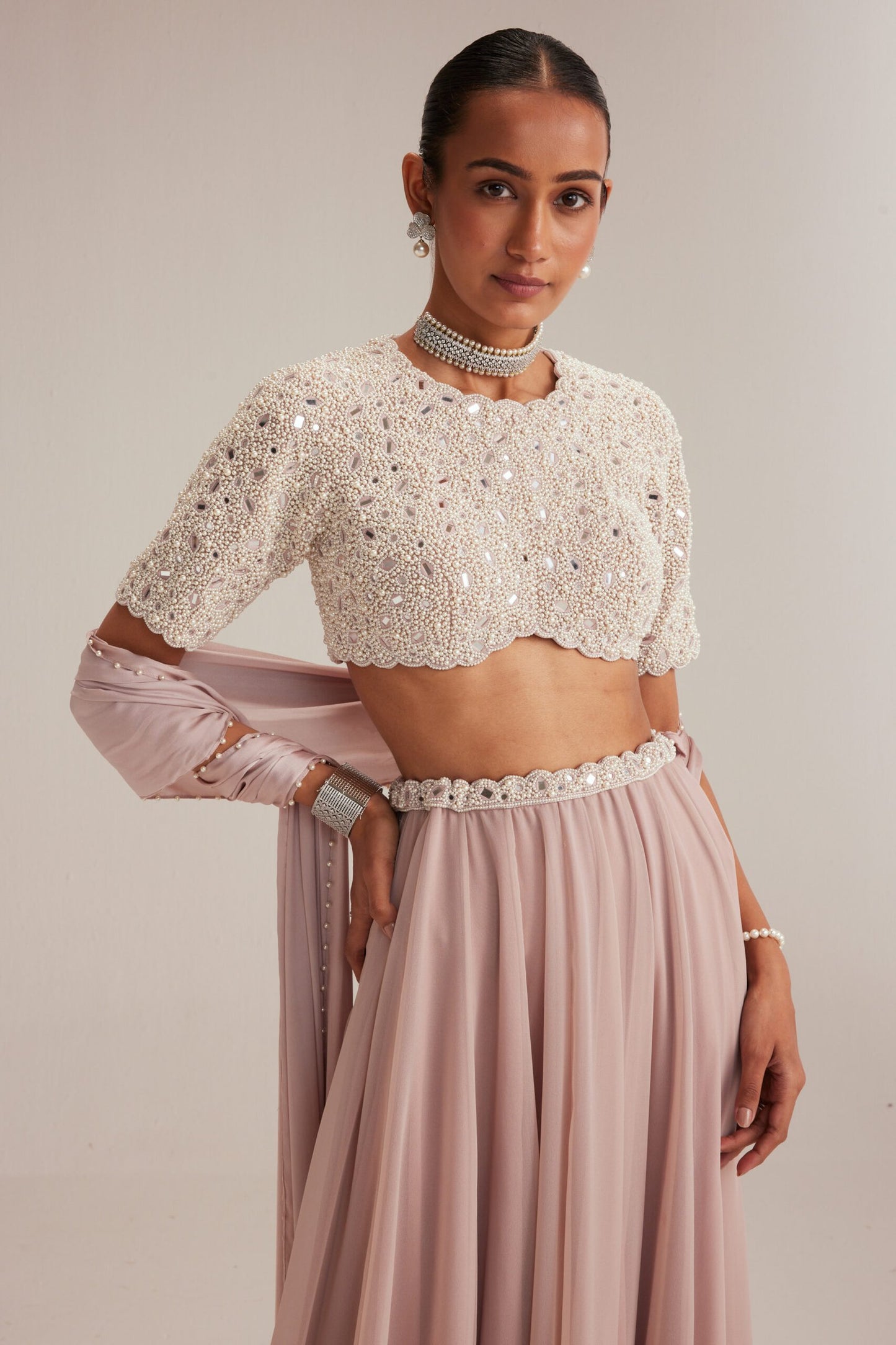 Ash Pink georgette Skirt with High Neck Blouse and Stole