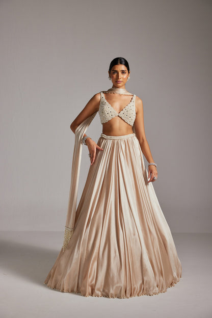 Light Beige V neck Satin Lehenga Set