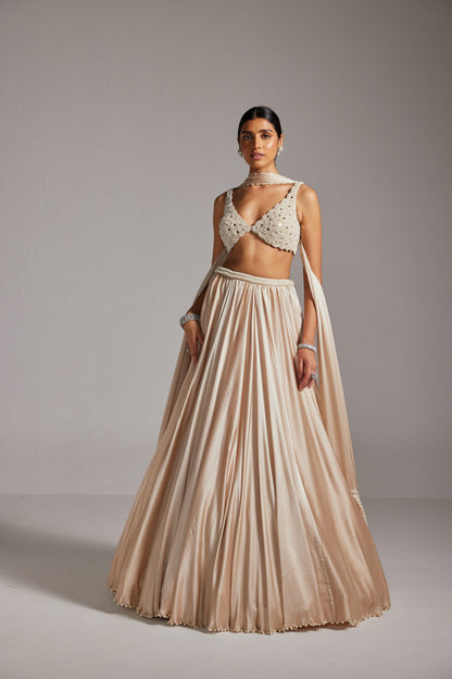 Light Beige V neck Satin Lehenga Set