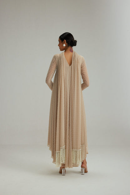 Light Beige Pearl Scattered Dhoti Kurta Set With Stole