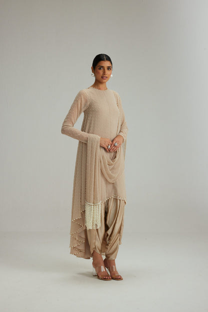 Light Beige Pearl Scattered Dhoti Kurta Set With Stole