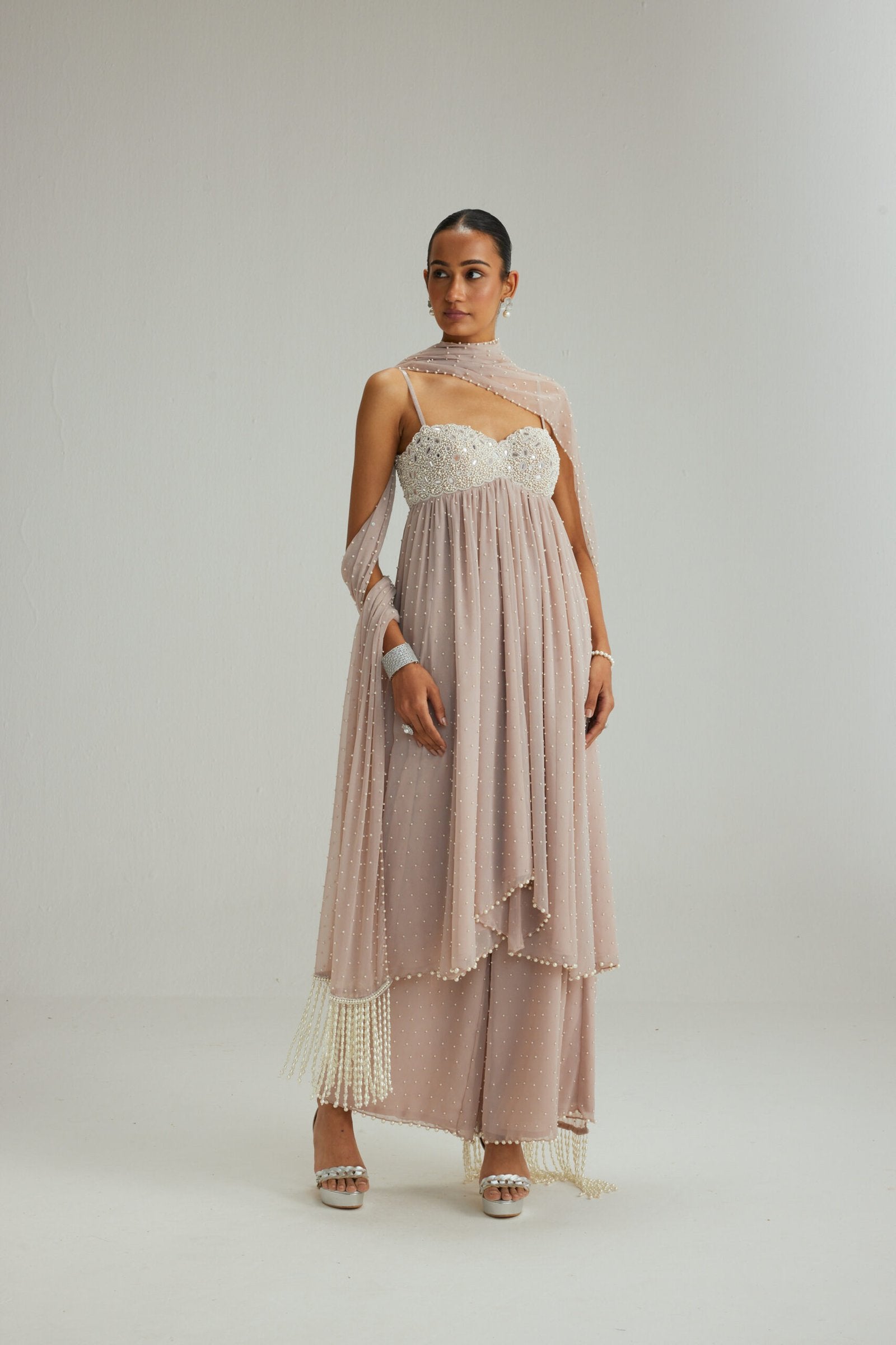 Ash Pink Mirror and Pearl Asymmetrical Kurta set