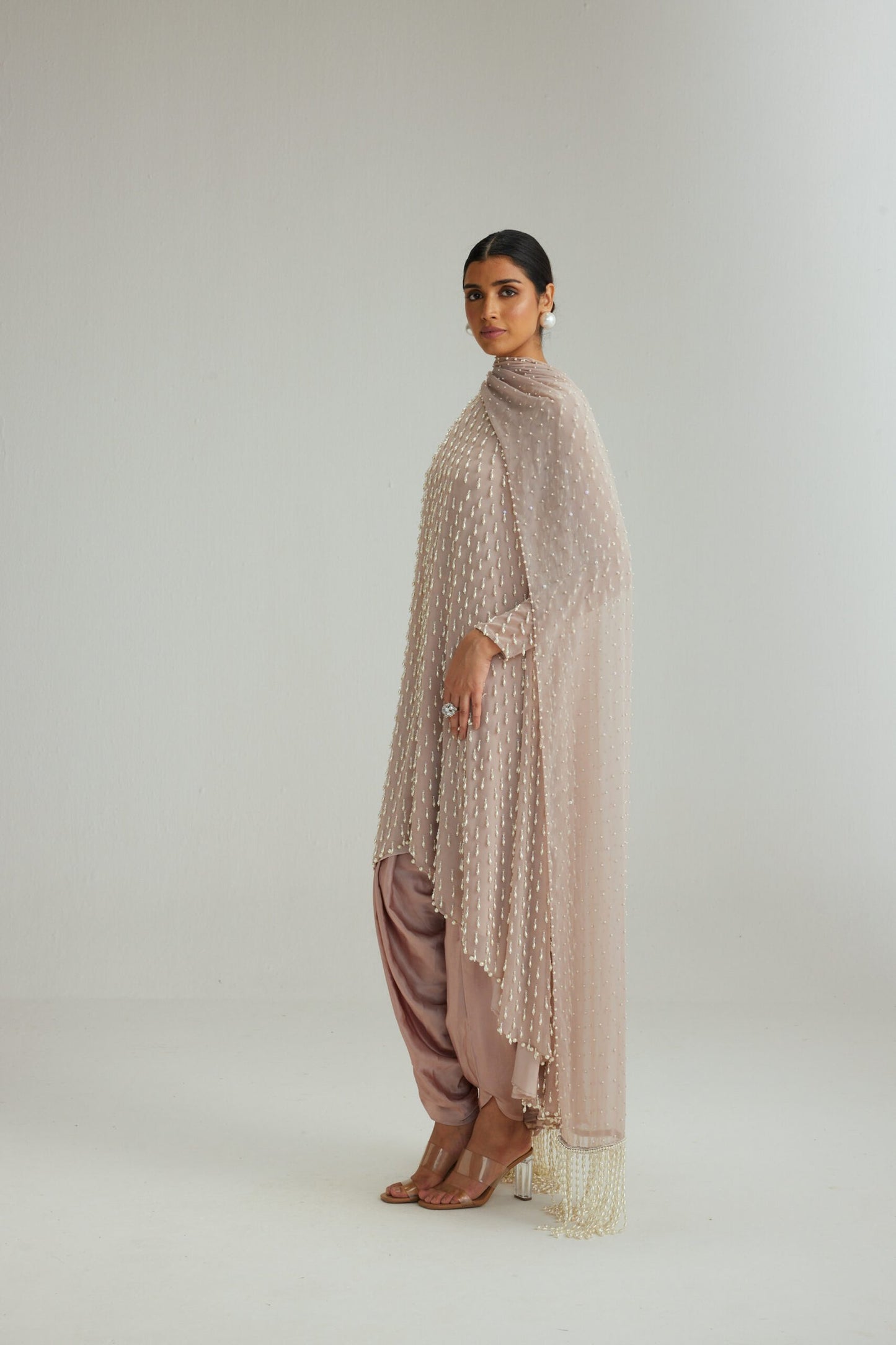 Ash Pink Pearl Drop Kurta set with Dupatta