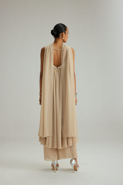 Light Beige Mirror and Pearl Asymmetrical Kurta set