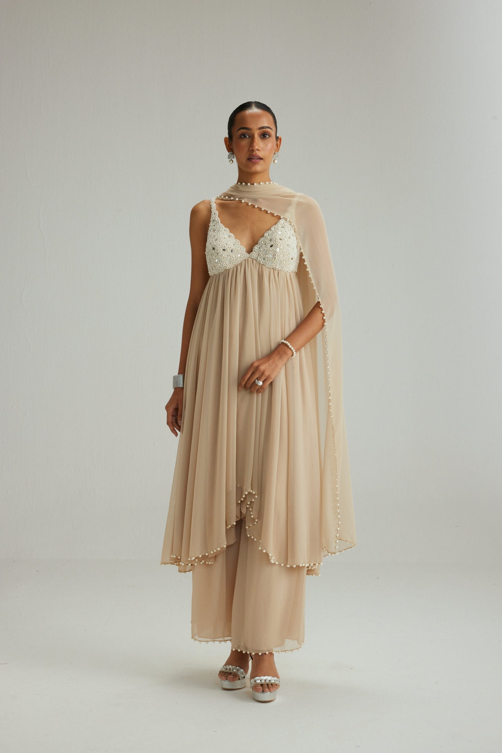 Light Beige Mirror and Pearl Asymmetrical Kurta set