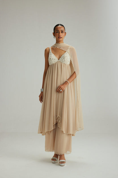 Light Beige Mirror and Pearl Asymmetrical Kurta set