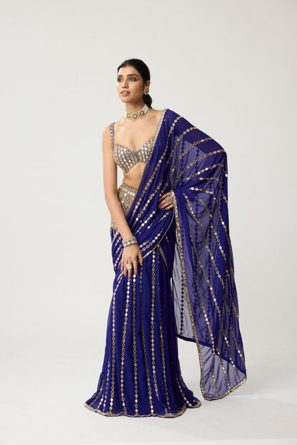 Persian Blue Fitted Linear Mirror Saree Set