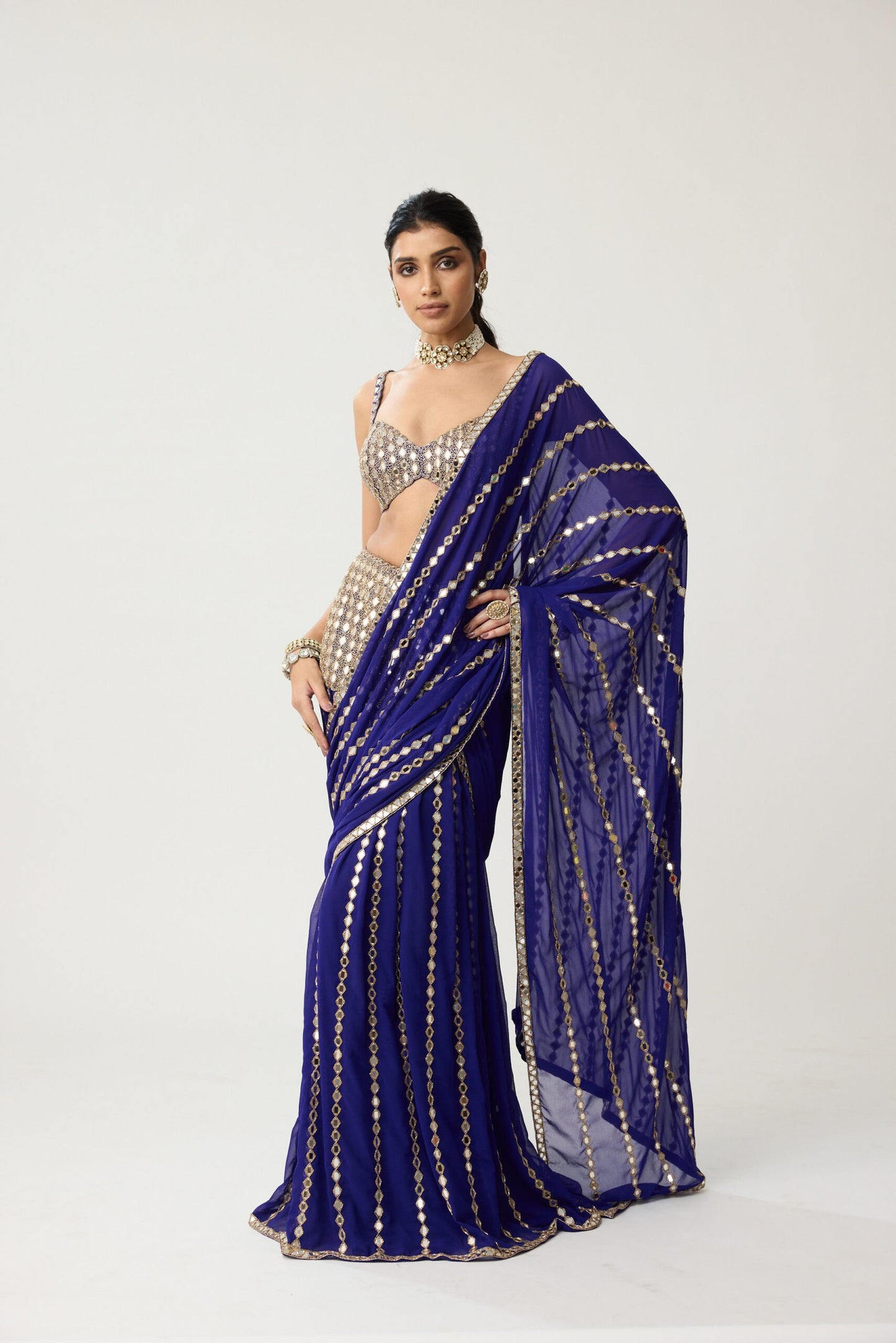 Persian Blue Fitted Linear Mirror Saree Set