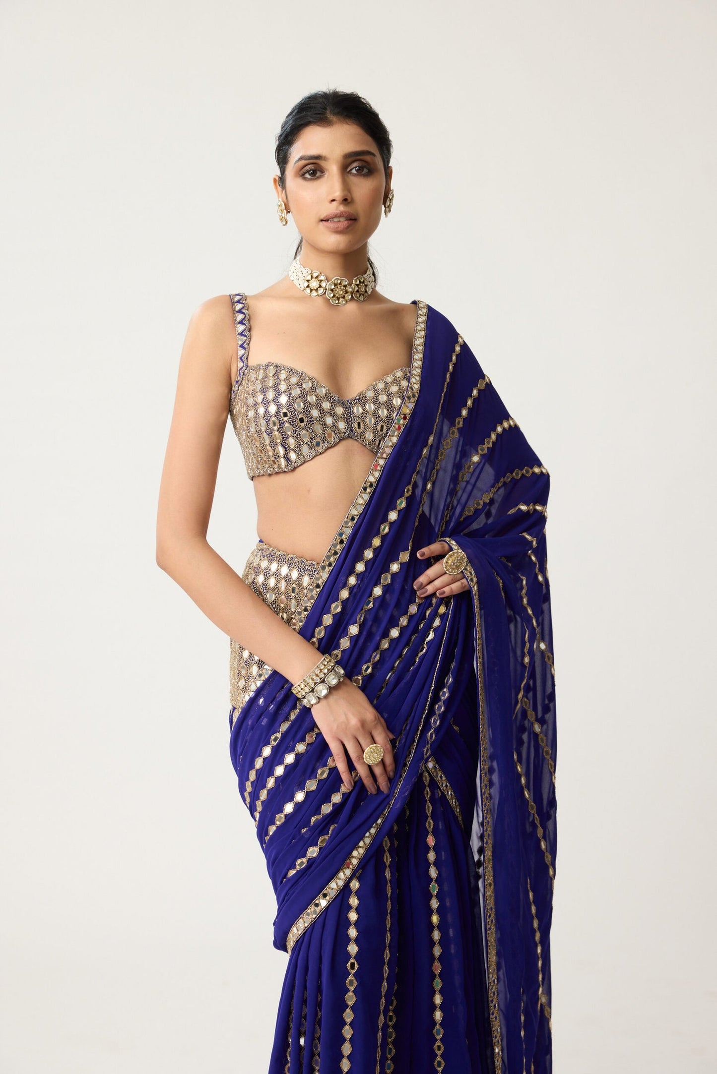Persian Blue Fitted Linear Mirror Saree Set