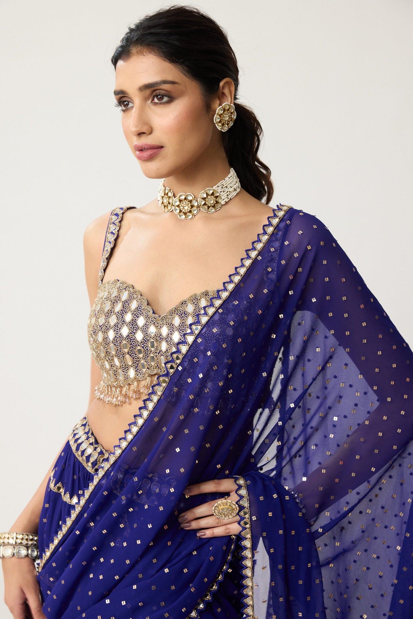 Persian Blue Multi-tier Mirror Saree Set