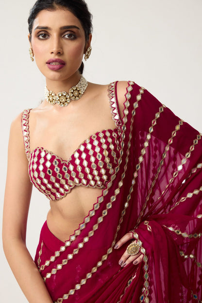 Ruby red Linear Mirror Saree Set