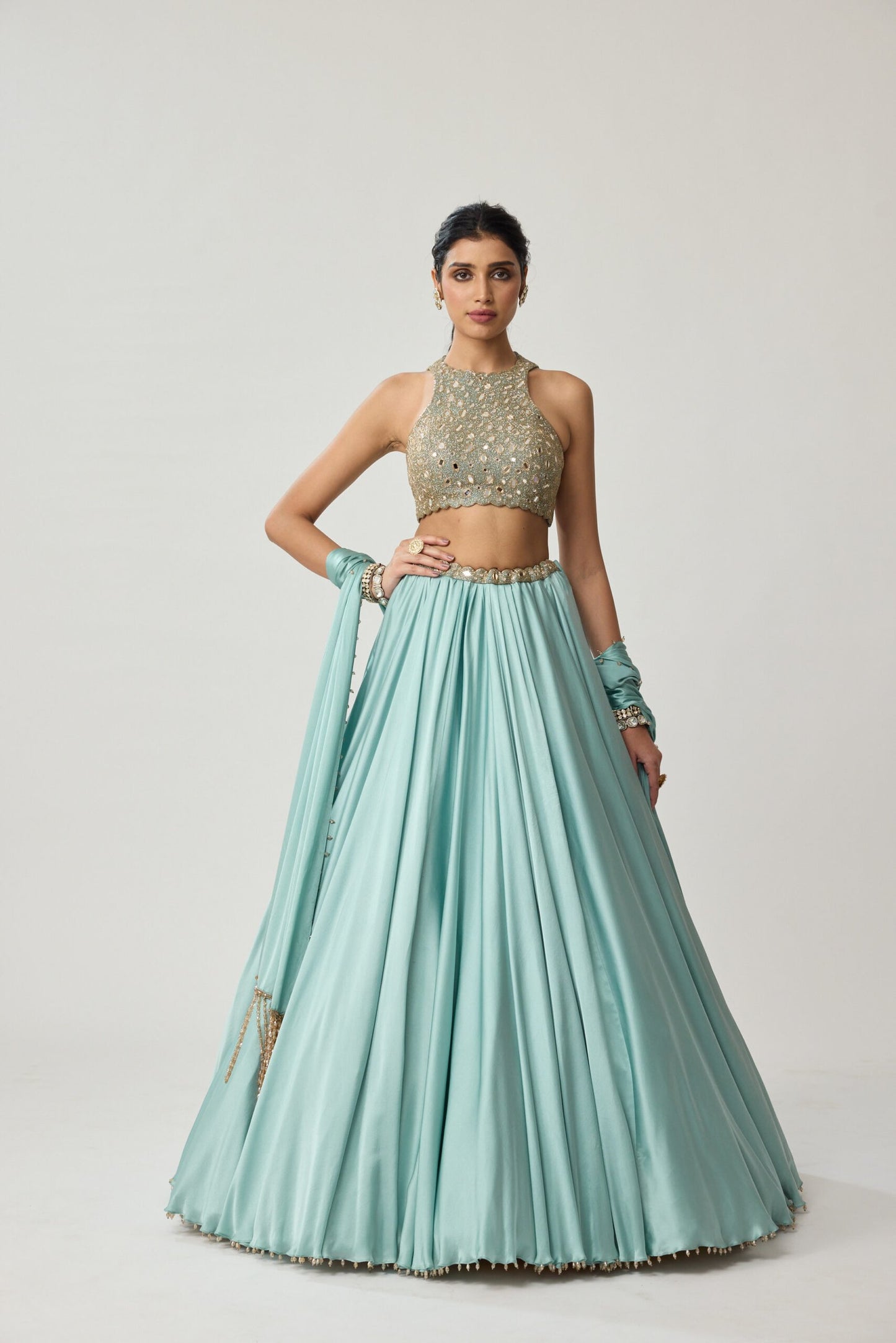 Powder Blue Mirror Satin skirt Set