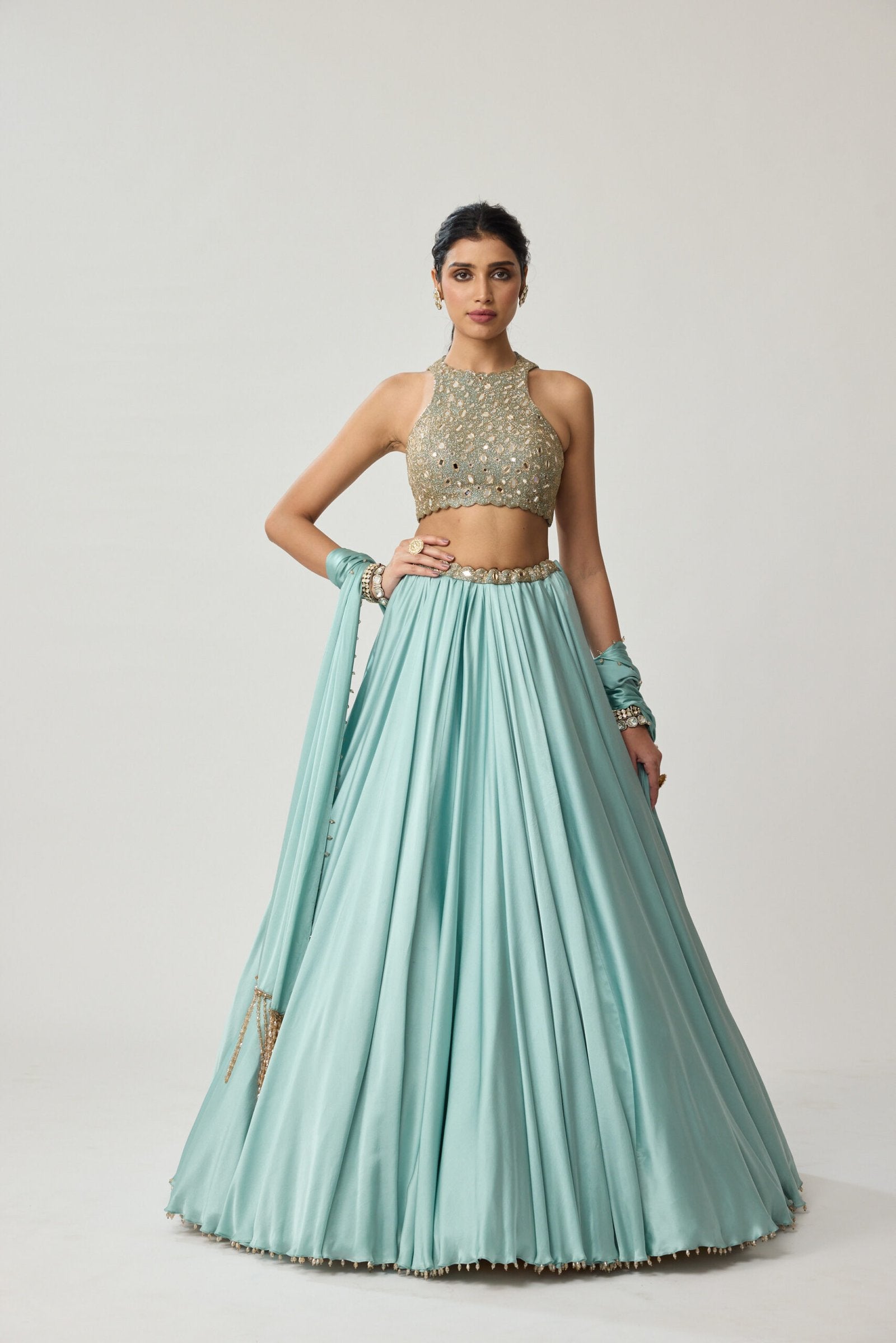 Powder Blue Mirror Satin skirt Set