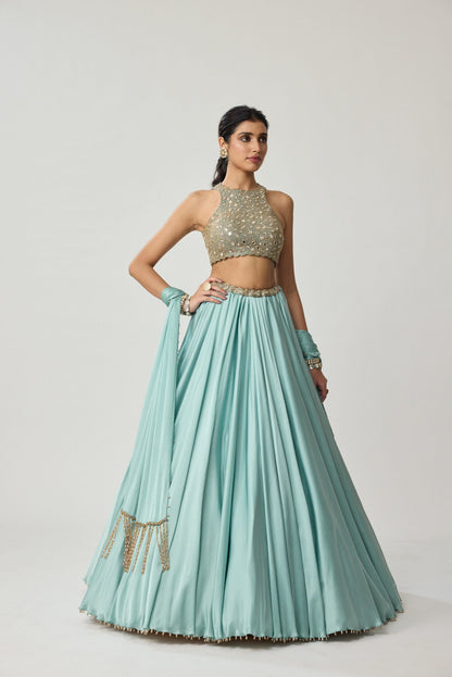 Powder Blue Mirror Satin skirt Set