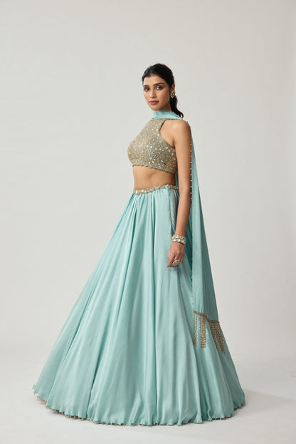 Powder Blue Mirror Satin skirt Set