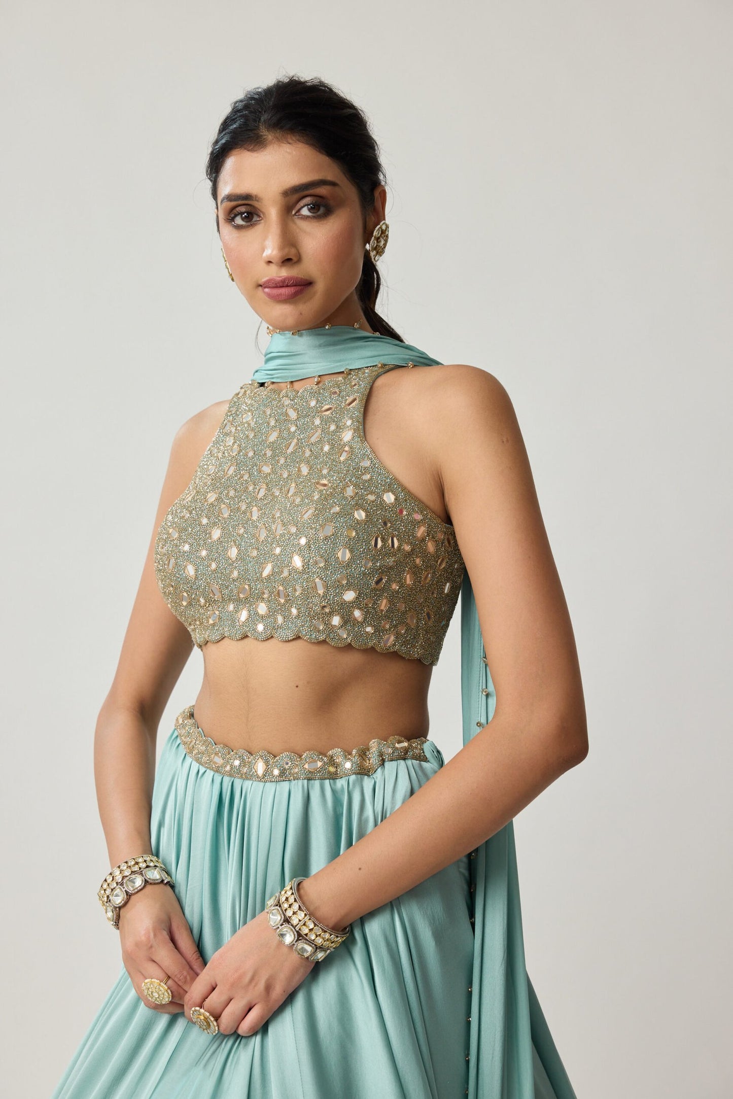 Powder Blue Mirror Satin skirt Set