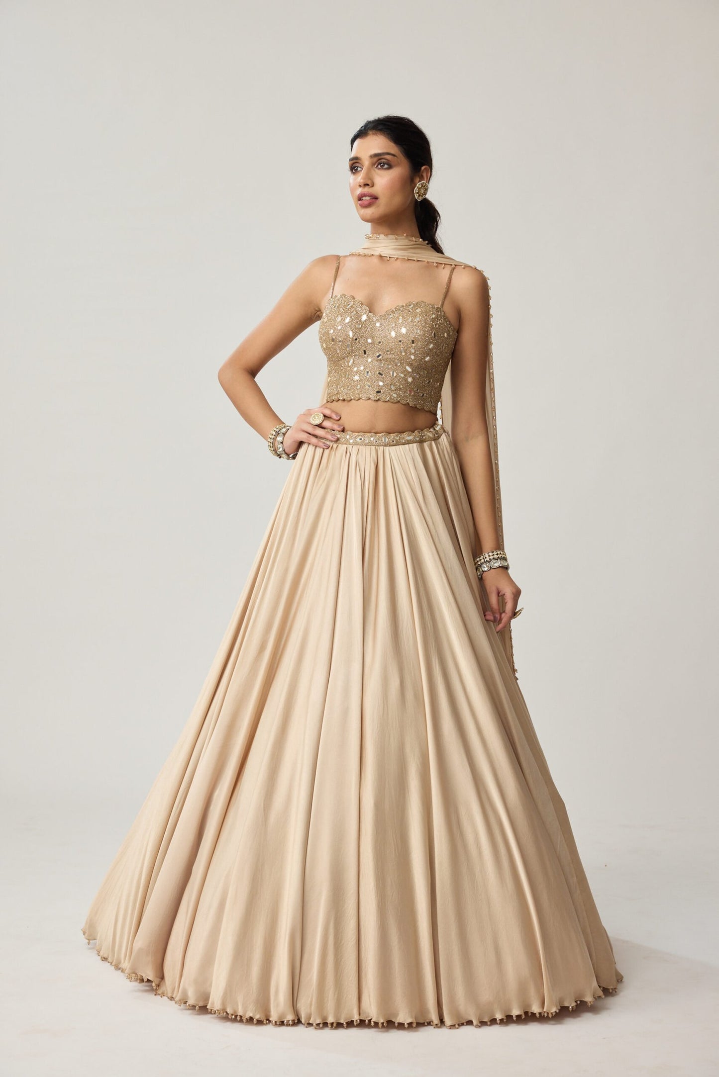 Light Beige Mirror Corset Satin skirt Set
